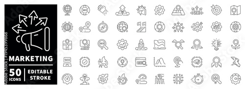 Marketing icon set with editable stroke in outline style for seo and promotion