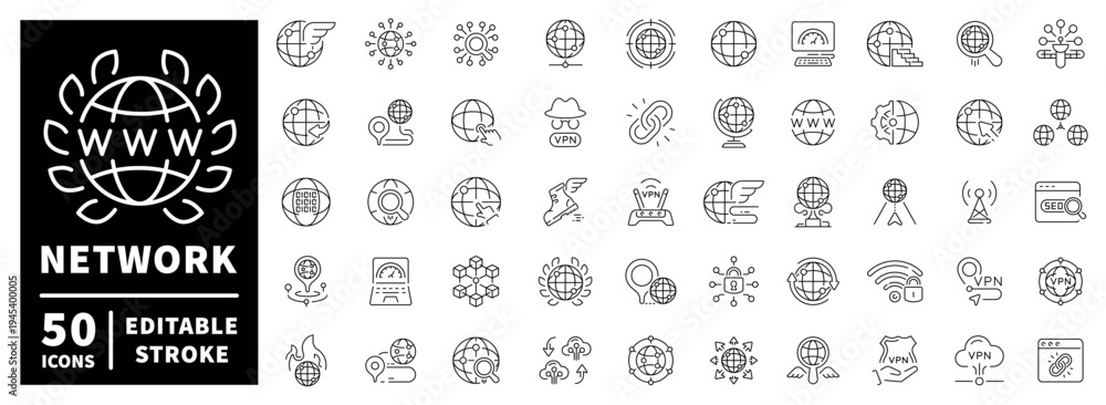 Obraz premium Network outline icon set: editable stroke symbols in thin line style for connectivity and technology