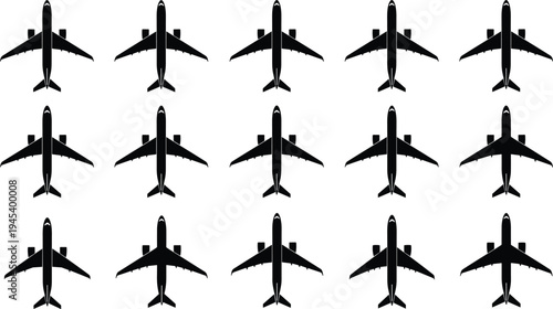Black Airplane Silhouettes Pattern on White Background Isolated Vector Illustration Set for Aviation Industry Travel Logistics Global Transportation Commercial Flight and Tourism Concept