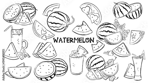 Black and white watermelon doodle set, minimalist fruit line art icons.