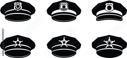 Black and white vector illustration set of police and sheriff peaked hats with various badges and emblems for law enforcement and security concepts.