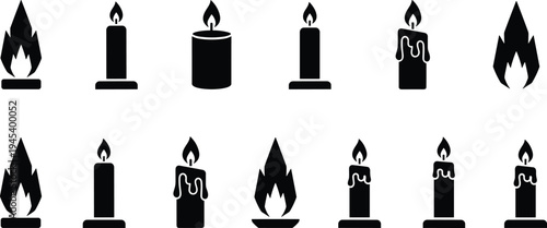 Black Candle Silhouette Vector Illustration Set Isolated on White Background Featuring Burning Wax Tapers Melting Pillars and Fire Flame Shapes for Memorial and Spiritual Design