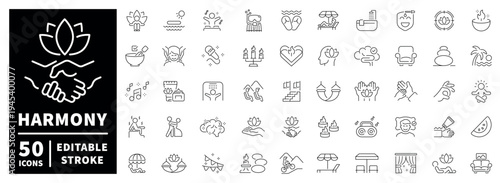 Harmony outline icon set: editable stroke symbols in modern thin line style for wellness concepts