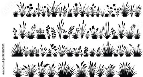 Black Grass Silhouette Vector Illustration Set Isolated on White Background Featuring Various Meadow Plants Reeds Flowers and Garden Weeds for Nature Landscape Graphic Design