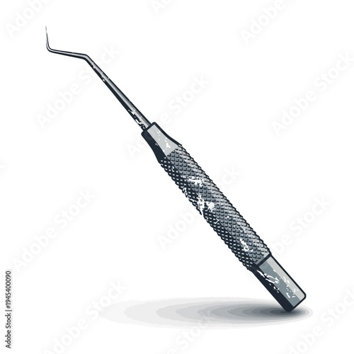 Dental explorer tool, curved tip, metal handle with texture, isolated on white.