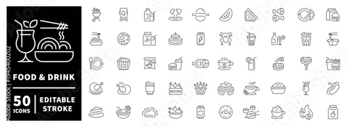 Food and drink outline icon set. editable stroke thin line icons of culinary and beverage concepts