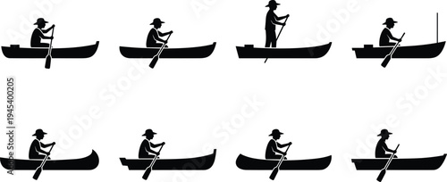 Black vector illustration set of fisherman silhouettes rowing small wooden boats and canoes isolated on white background for nautical travel and traditional lifestyle designs.