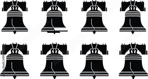 Black vector illustration set of Liberty Bell silhouettes and American independence icons isolated on white background for patriotic history and Philadelphia travel designs.