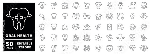 Dental health outline icon set: editable stroke, thin line dental symbols