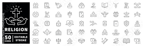 Religion outline icons set: editable stroke church and faith symbols in thin line style
