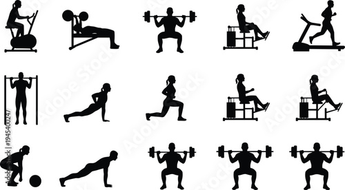 Black vector illustration set of men and women workout silhouettes including weightlifting running and gym exercise icons isolated on white background for fitness.