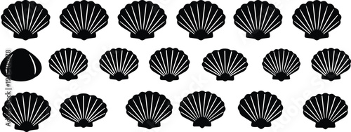 Black vector illustration set of seashell silhouettes and scallop icons in various styles isolated on white background for beach summer and nautical designs.