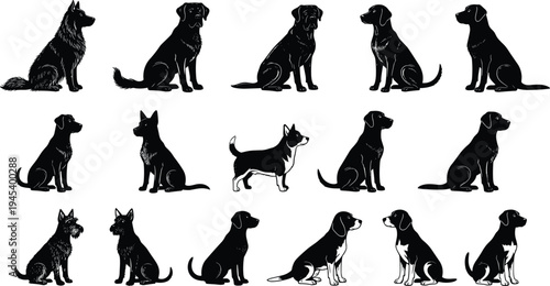 Black vector illustration set of various dog breed silhouettes in sitting poses isolated on white background for pet care veterinary and animal designs.