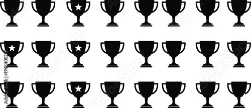 Black vector illustration set of trophy cups and award silhouettes in various styles isolated on white background for sports competition and achievement designs.