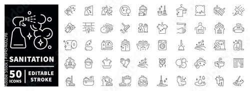 Sanitation outline icon set with editable stroke - thin line style hygiene pictograms