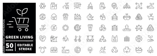 Green living outline icon set with editable stroke for eco-friendly and sustainable concepts