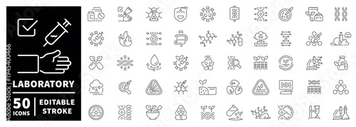 Laboratory outline icon set: 50 editable stroke scientific symbols in thin line style