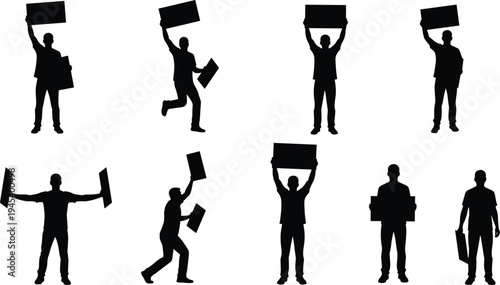 Set of black silhouettes featuring people holding blank signs, protest posters, and empty banners isolated on white background for social activism or marketing messages.
