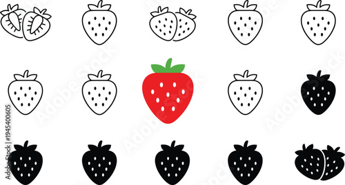 Set of strawberry icons featuring red fruit, black silhouettes, and line art styles with whole and sliced berries isolated on white background for food design.