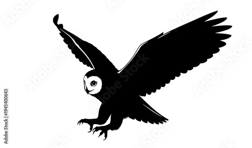 Black silhouette owl isolated on white background
