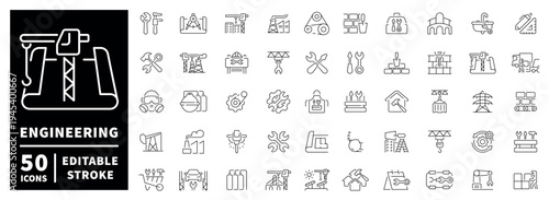 Engineering outline icon set with editable stroke: thin line style for construction tools and machines