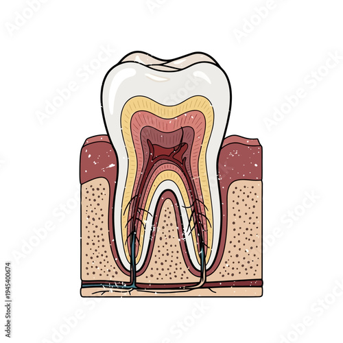 Tooth anatomy cross-section diagram, showing layers and root canal