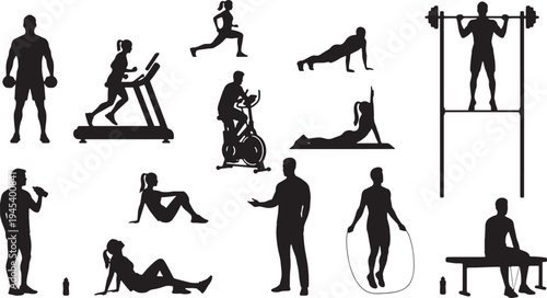 A collection of black silhouettes depicting various people engaging in different exercises and fitness activities on a white background, conveying a sense of health and wellness.