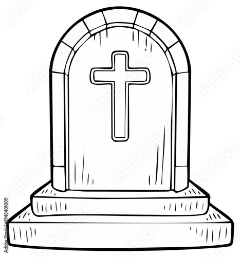 Cartoon Tombstone Illustration with Cross Grave Marker at Cemetery Grave in Stone