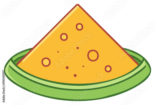 Stylized cheese wedge with holes resting on a bright green plate for restaurant menus and posters