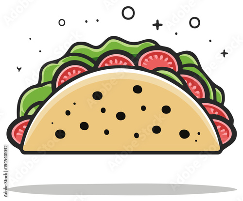Vibrant Cartoon Taco Illustration with Fresh Ingredients and Fun Doodles