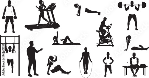 A collection of black silhouettes depicting various people engaging in different exercises and fitness activities on a white background, conveying a sense of health and wellness.