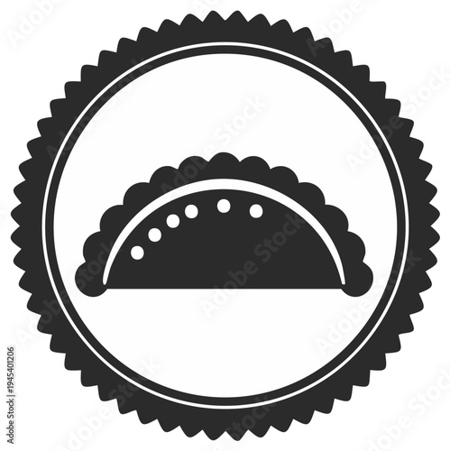 Simple vector icon of a traditional empanada pastry inside a circular seal style graphic logo