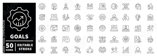 Goal setting outline icon set with editable stroke in thin linear style