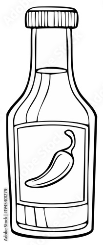 Chili sauce bottle vector illustration, spicy condiment design, hot food, outline drawing