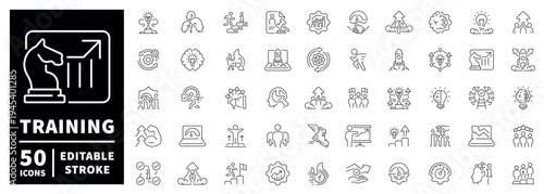 Training and development outline icon set with editable stroke in thin line style