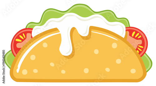 Cartoon Taco with Lettuce, Tomatoes, and Creamy Sauce, Fresh Culinary Treat, Isolated