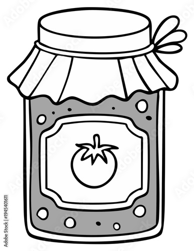 Hand-drawn illustration of a jar of tomato jam with a label and bow