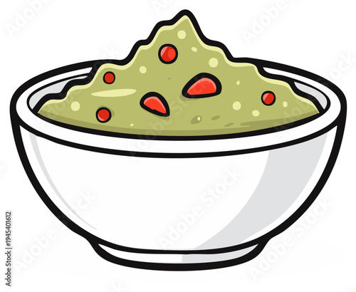 Illustration of fresh guacamole dip inside white bowl, colorful healthy snack, avocado food appetizer meal