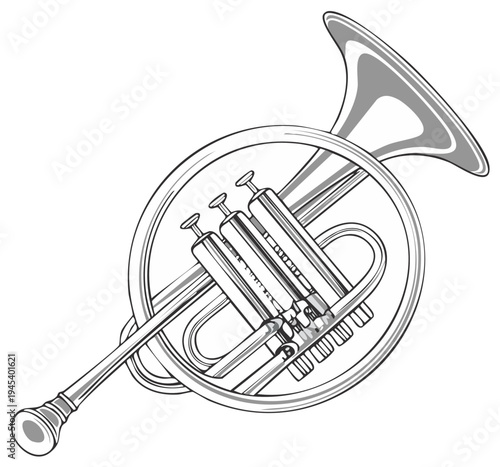 Illustration of a French Horn with Valves and Tubing in Gray and White