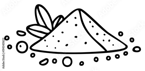 Hand drawn pile of powder with scattered small particles and leaves