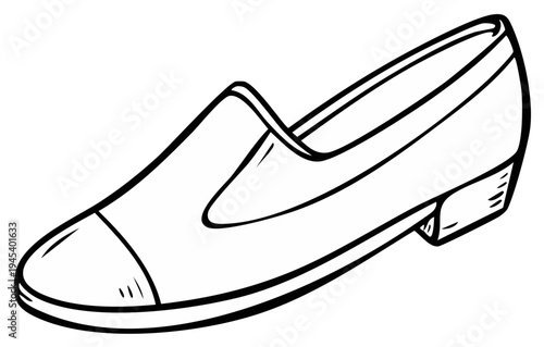 Black and white illustration of a loafer shoe, casual slip-on footwear with stitched toe and low heel, simple drawing for coloring book page or pattern