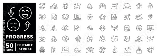 Progress outline icon set with editable stroke: thin line style for success and growth