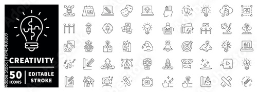 Creativity icon set: linear thin line icons with editable stroke for innovative design concepts