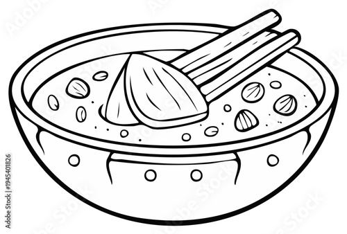 Line Art Bowl Of Porridge With Cinnamon Sticks And Almonds Delicious Breakfast