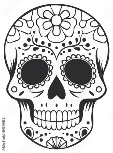 Intricate black and white sugar skull design with floral patterns and decorative elements