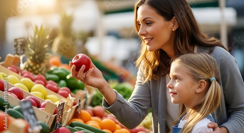 Woman and girl shopping for fruits.