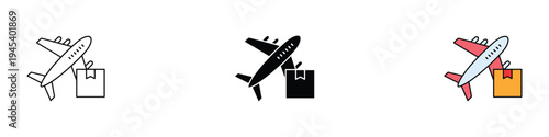 Air freight delivery and logistics icon set. Cargo airplane, shipping box symbol. Vector Illustration.
