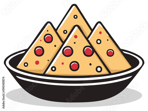 Cartoon illustration of a bowl filled with tasty nachos with toppings