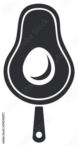 Creative black and white icon featuring an avocado half designed as a cooking pan or skillet