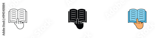 E-book reading and digital education icon set. Hand pointing to open book symbol. Vector Illustration.